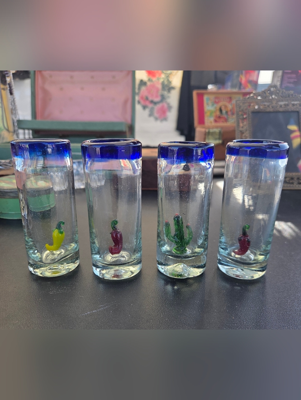 Hand-Blown Mexican Shot Glasses with Cobalt Rim and Miniature Chili/Cactus